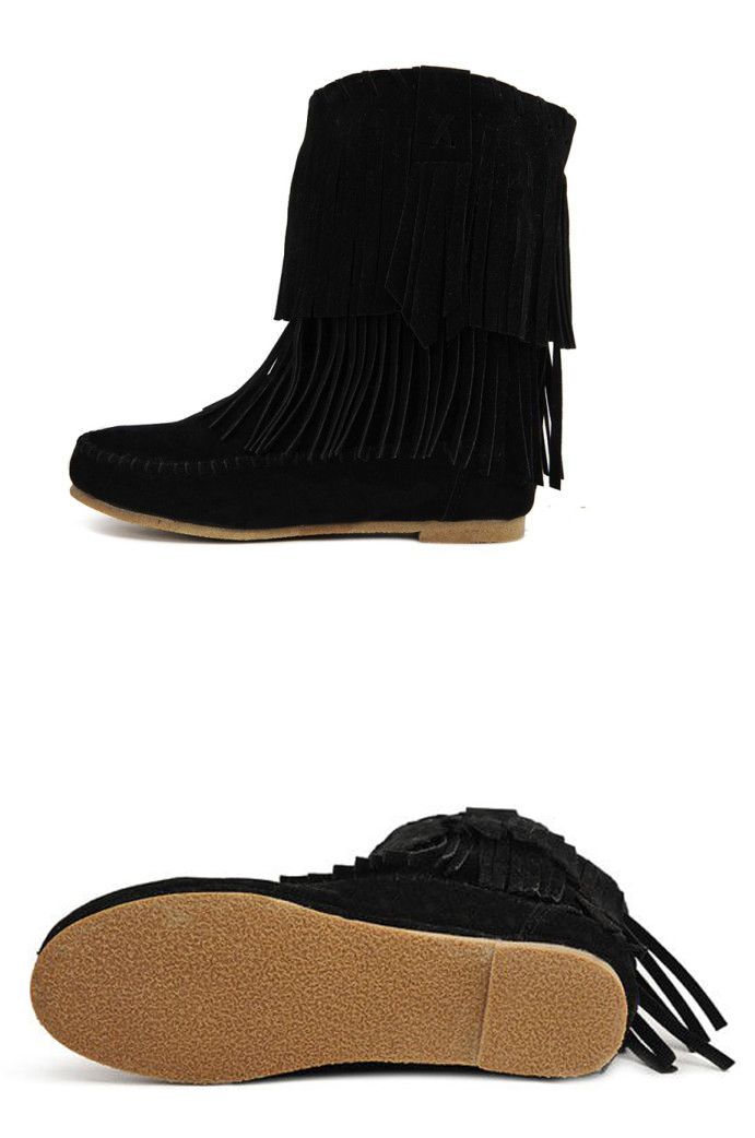 Ladies Vintage Boho Tassle Fringe Women's Black Flat Suede Ankle Boots