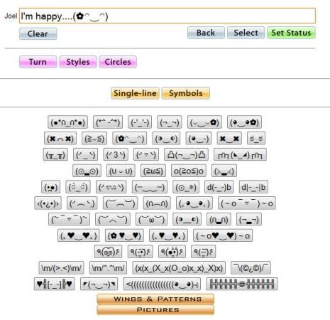 status for facebook. Status Symbols is an app that has a wide range of symbols, smilies, arrows, 